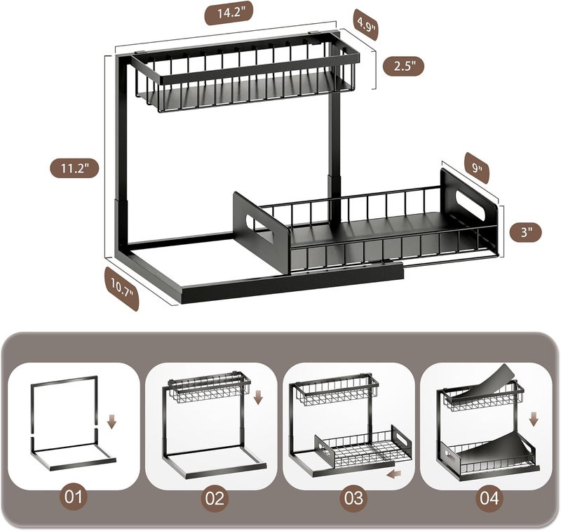 VUSIGN Under Kitchen Sink Organizer, 2 Tier Metal Slide out Sink Shelf Pull out Cabinet Organizer Drawers for Bathroom Kitchen Laundry, 2 Pack, Black - Image 5